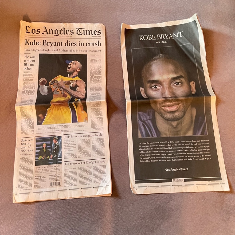 Kobe Bryant Commemorative Los Angeles Times Newspaper Pair
